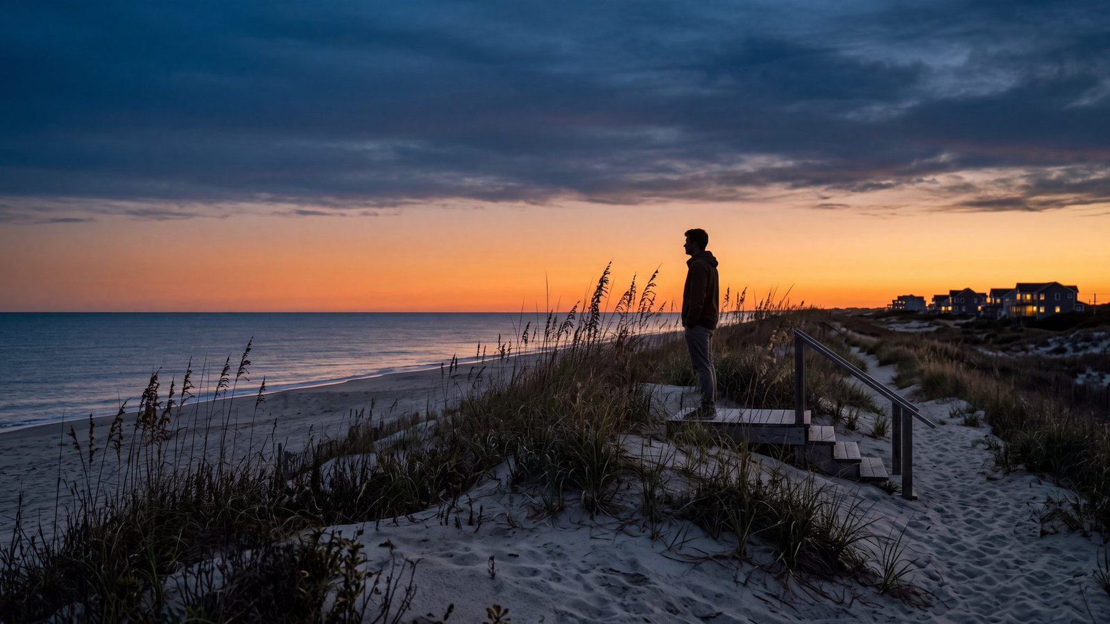 A lone figure on a dune ridge among sea oats at dusk on the Outer Banks