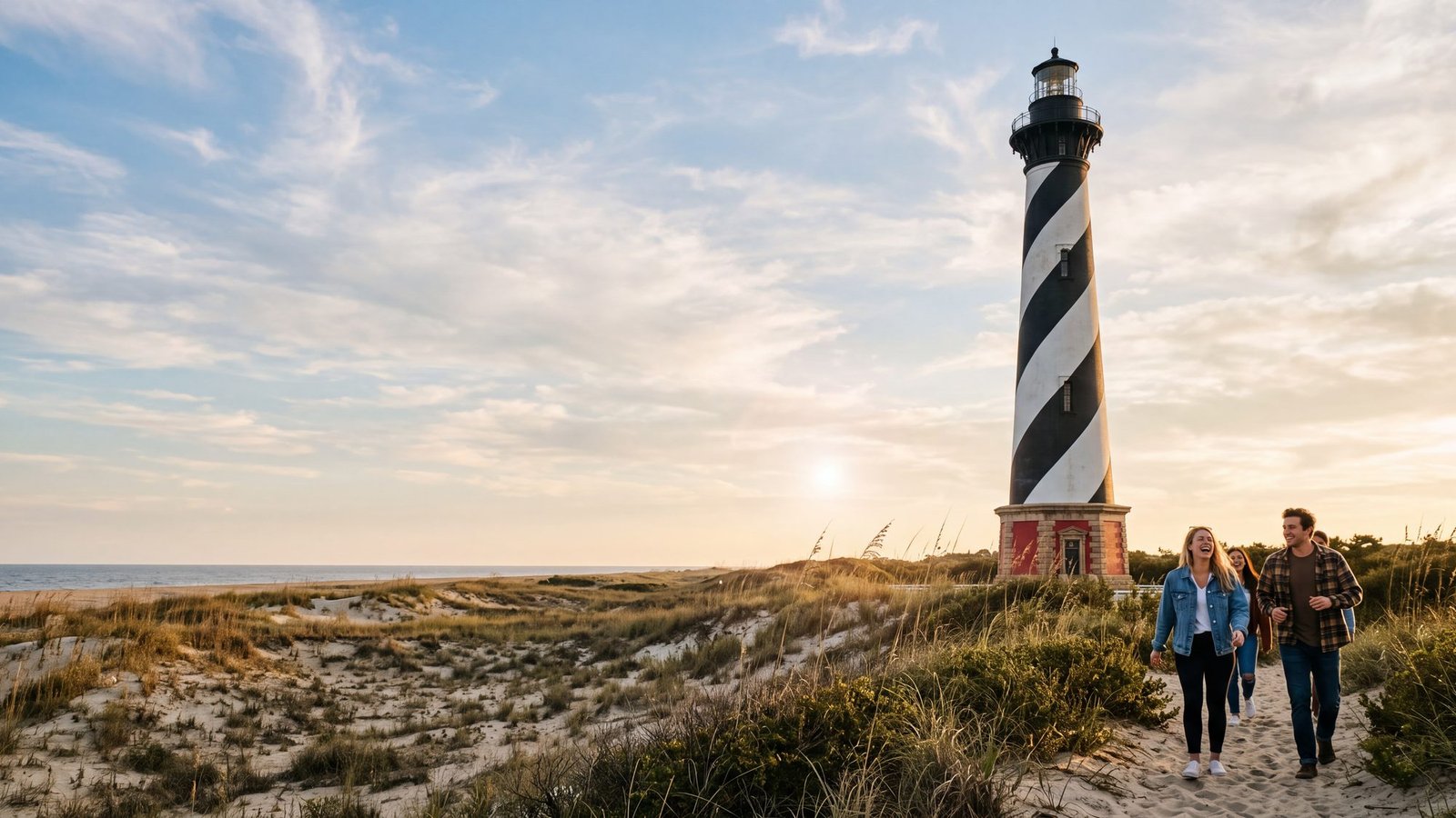 The Cape Hatteras Lighthouse with its black-and-white spiral stripes rising over low dunes