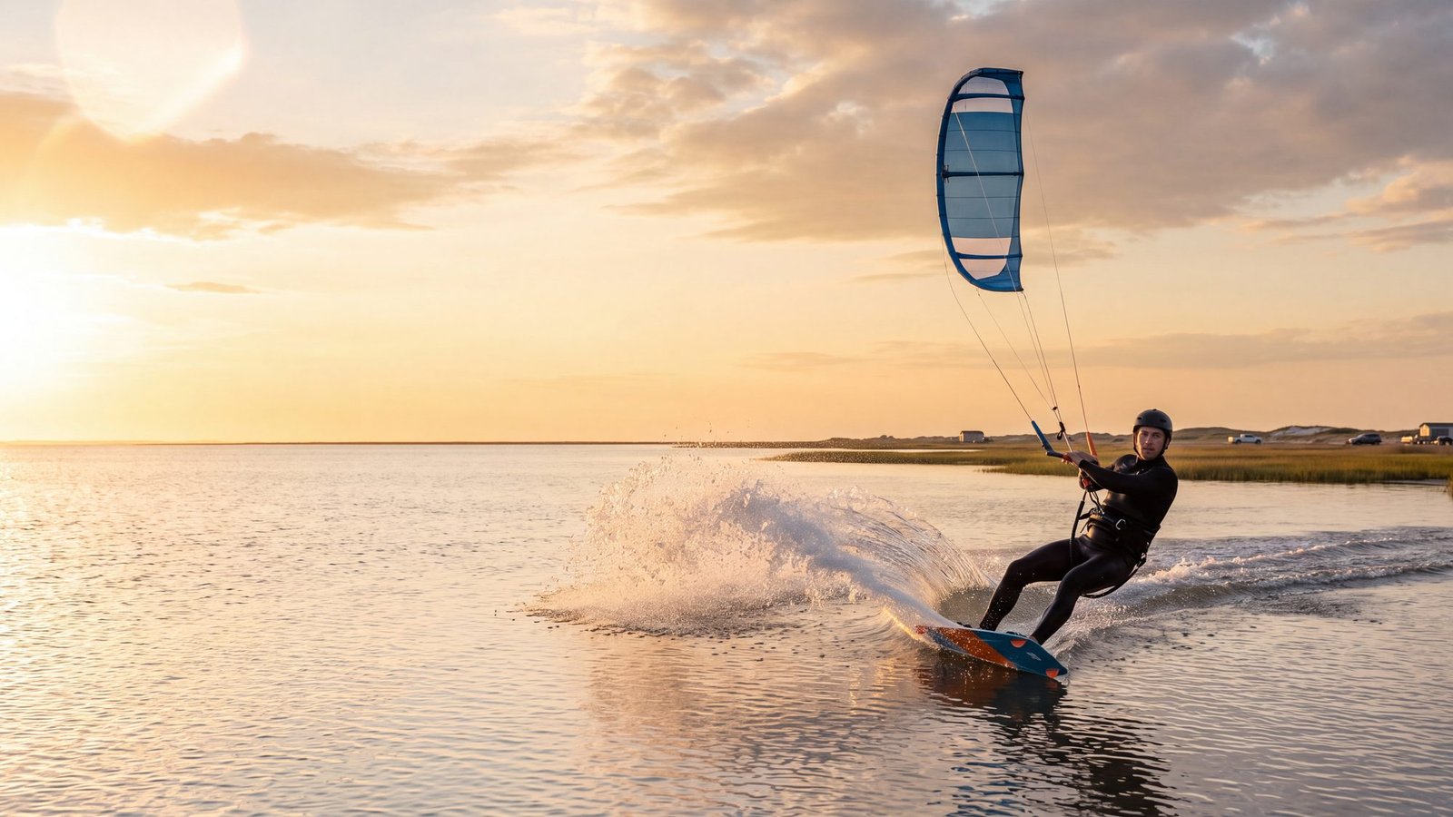 A kiteboarder carving a spray arc across flat shallow sound water with a kite overhead