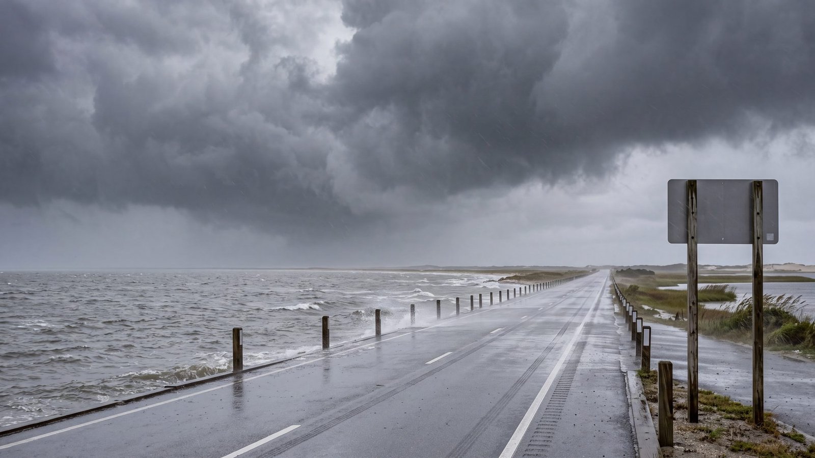 An empty two-lane causeway leaving the islands under a dark storm sky