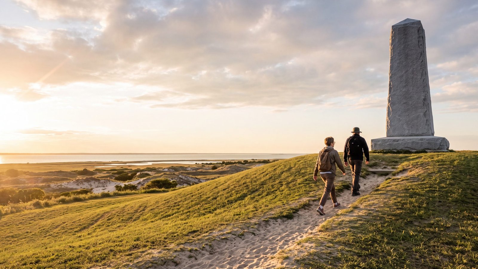 A couple walking up the grassy hill to the granite monument at the Wright Brothers National Memorial in Kill Devil Hills