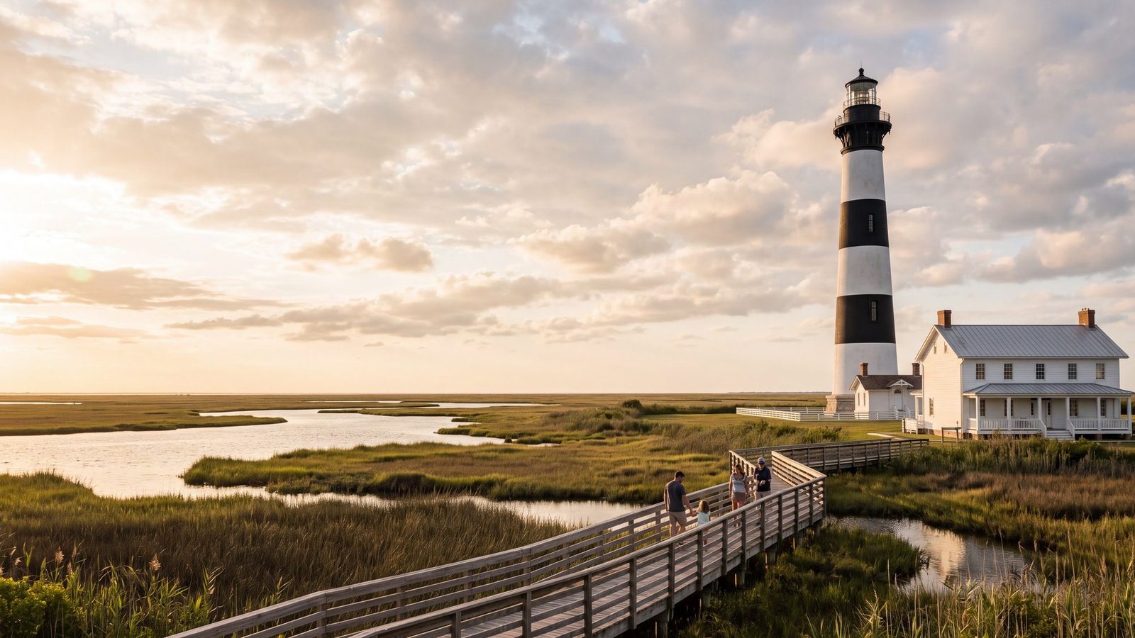 The Bodie Island Lighthouse with its black-and-white horizontal bands beside the keeper’s house over the marsh boardwalk