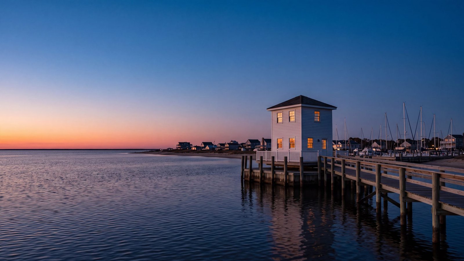 The small white Roanoke Marshes Lighthouse on its pier over calm water at dusk, Manteo waterfront beyond
