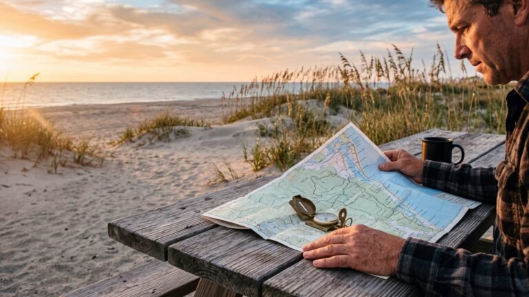 A folded paper map spread on a weathered picnic table in the dunes with a brass compass and a mug of coffee