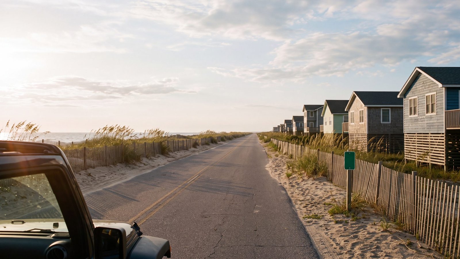 A straight two-lane beach road between dune fences and cottages on pilings with a plain green marker post