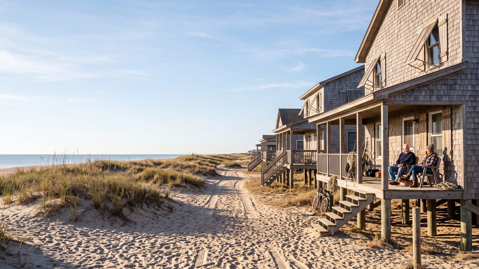 Weathered cedar-shingle cottages on pilings with wide porches beside the beach road in Nags Head