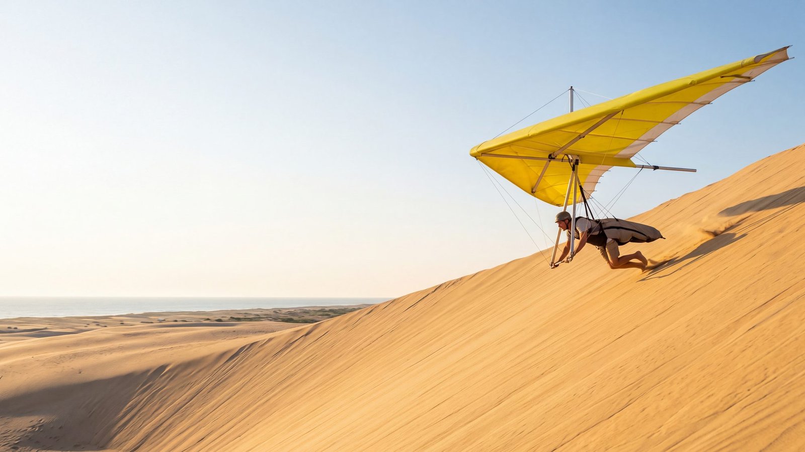 A hang glider with a yellow wing skimming down the face of the huge sand dune at Jockey’s Ridge