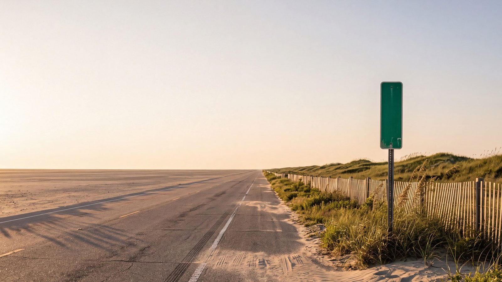 A straight two-lane Outer Banks highway running to a flat horizon at sunset, sand drifted across the shoulder, with a blank green mile-marker post standing beside a weathered dune fence
