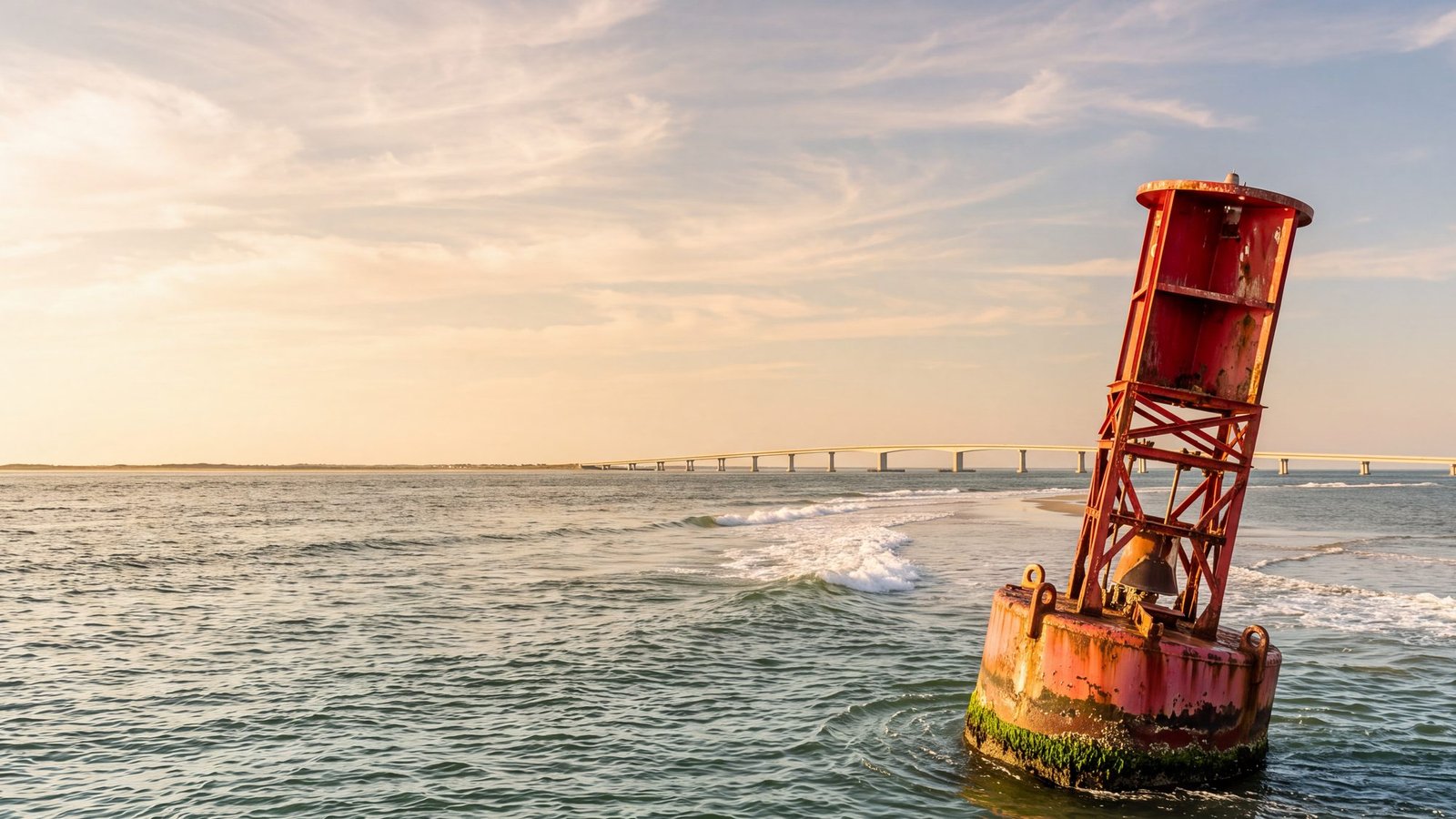 A weathered red bell buoy leaning in the current at an Outer Banks inlet, waves breaking over a shallow sand bar behind it and a long low highway bridge far away across the water