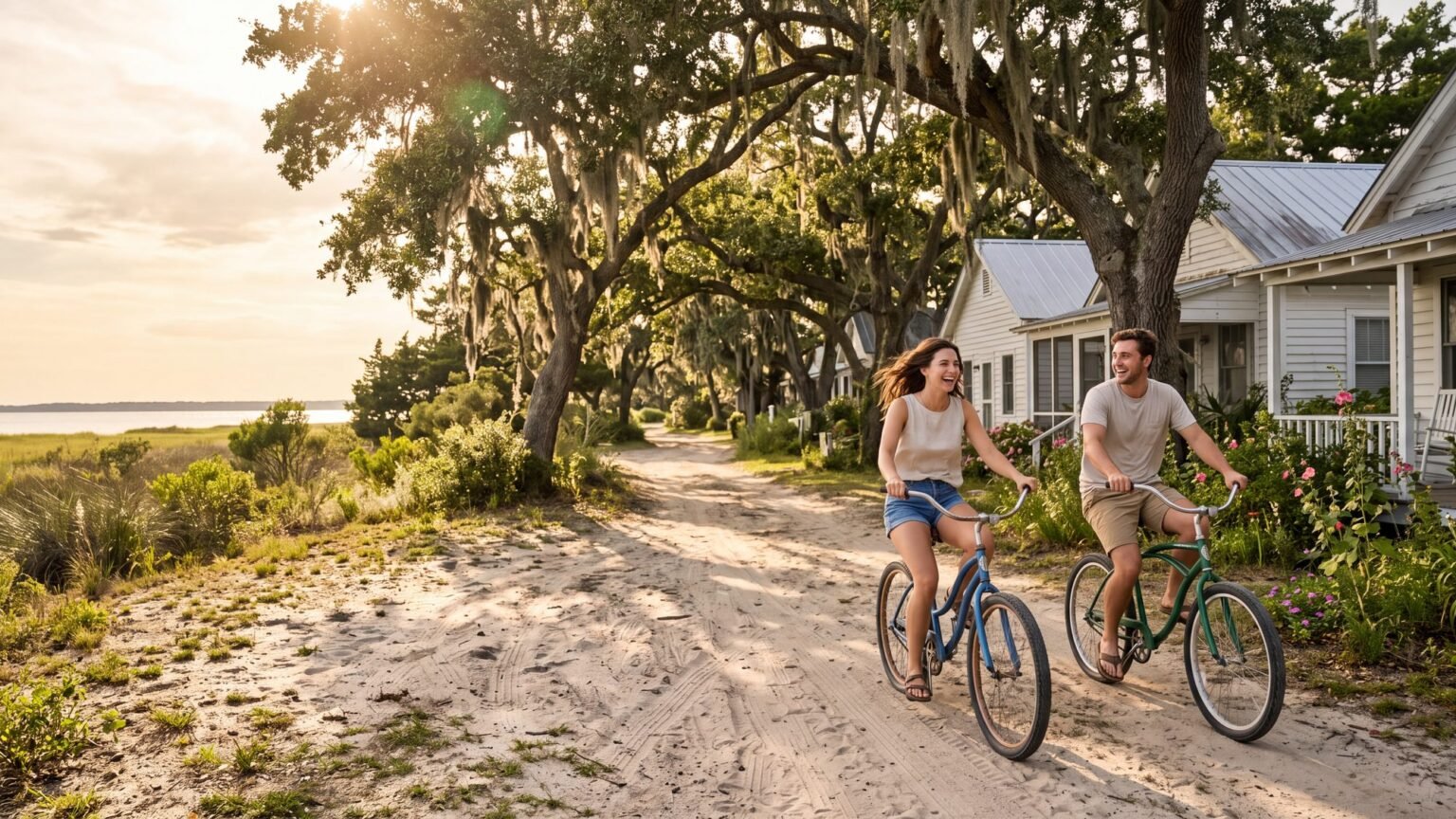 A couple on bicycles on a narrow sandy lane under arching live oaks past white cottages in Ocracoke village