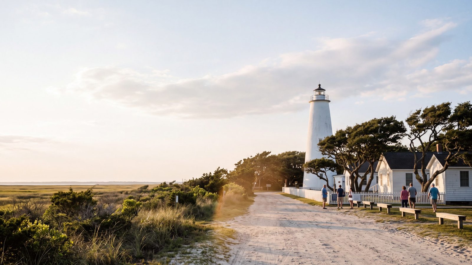 The short white Ocracoke Lighthouse among live oaks and white cottages along a sandy lane
