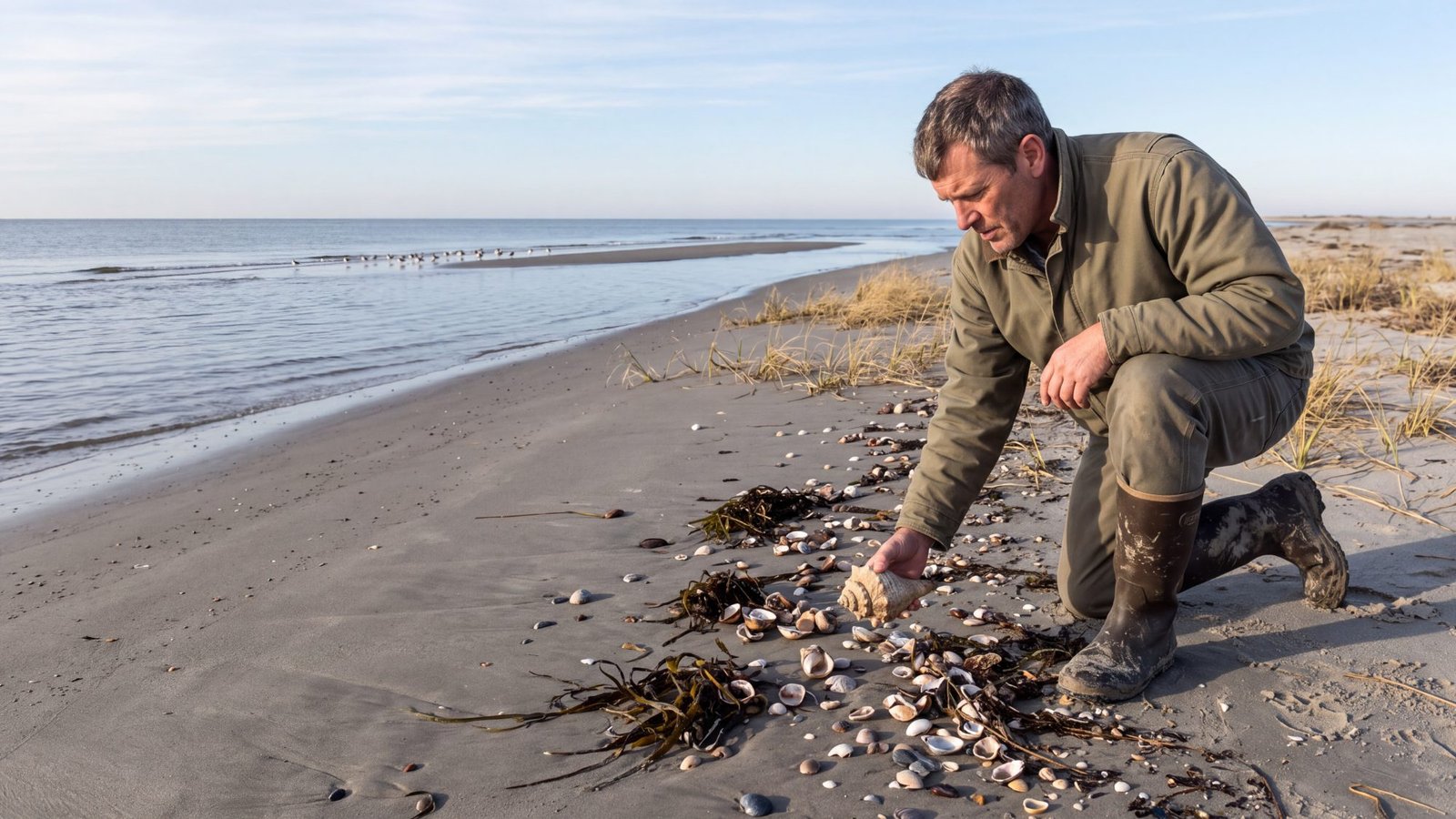A man in a canvas jacket kneels on the bare sand spit at Ocracoke Inlet on a clear winter morning, lifting a knobbed whelk from a line of shells and seaweed, shorebirds along the waterline behind him