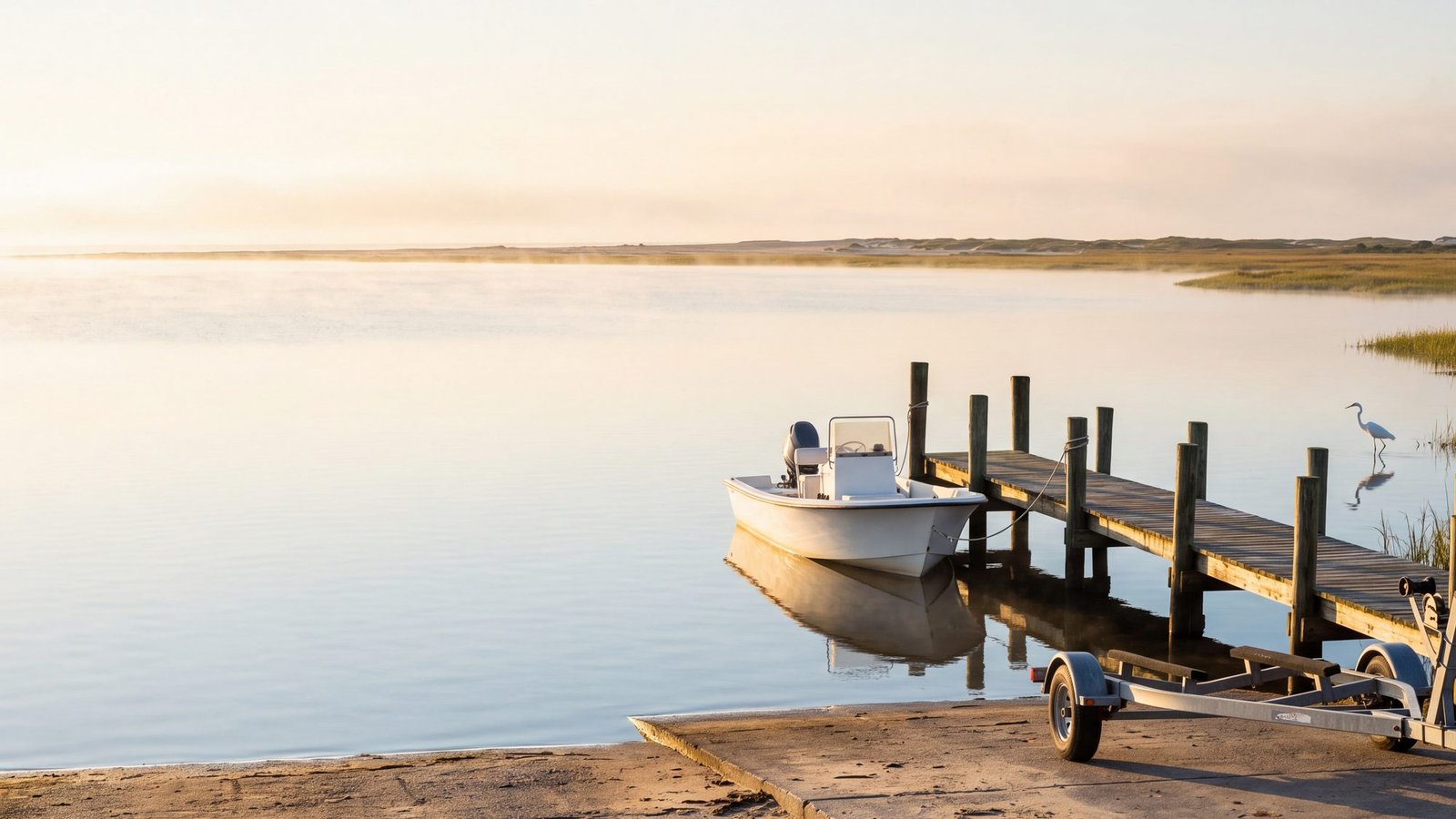 Public boat ramp on an Outer Banks sound at sunrise: a concrete ramp, an empty boat trailer, a wooden finger pier and a small white skiff on glassy water