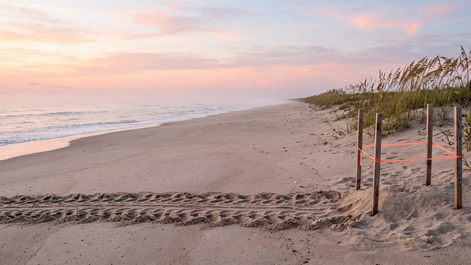 Loggerhead sea turtle crawl tracks leading from the surf to a staked-off nest on an Outer Banks dune at sunrise