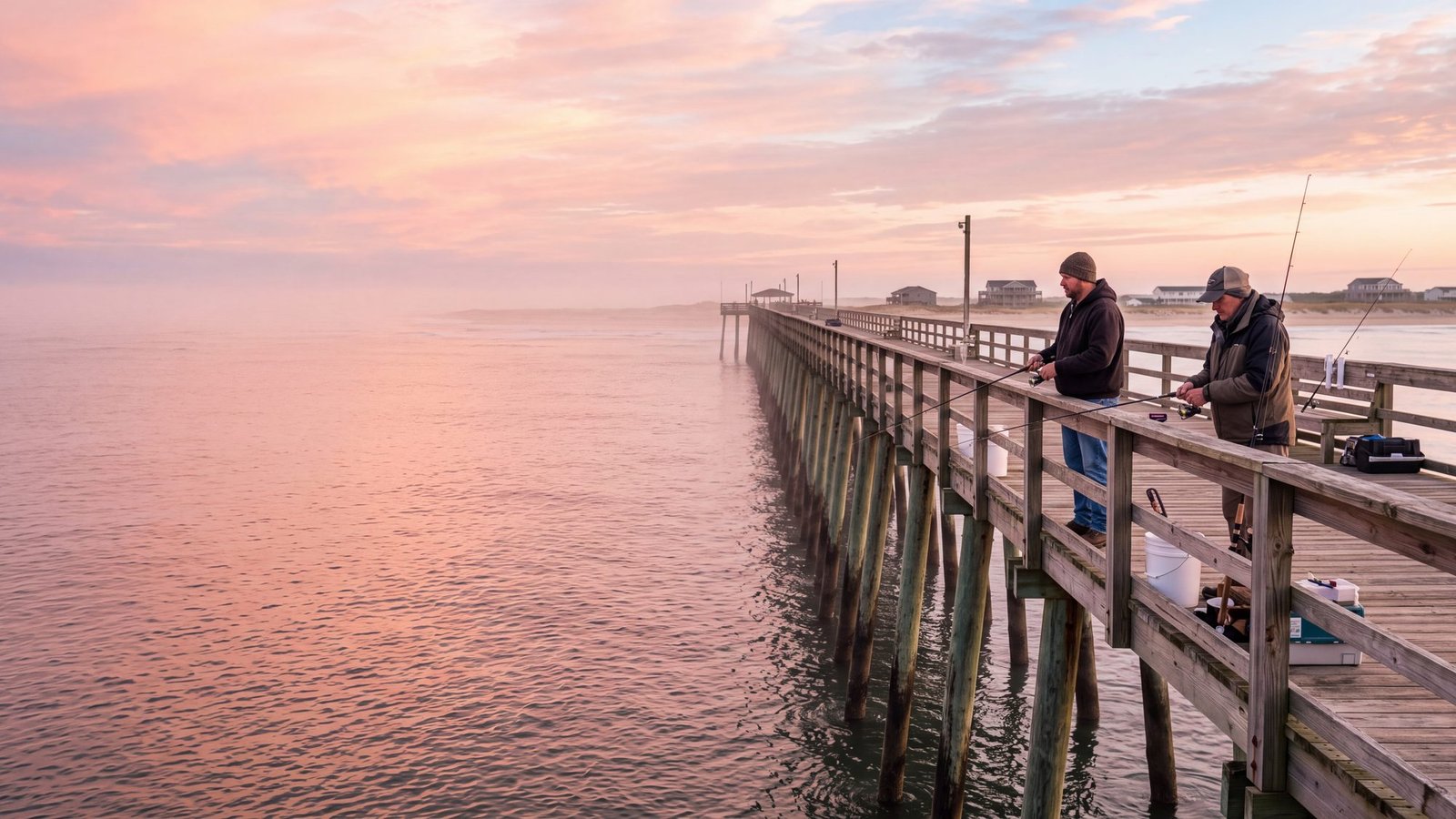Anglers at the rail of a long wooden fishing pier at sunrise