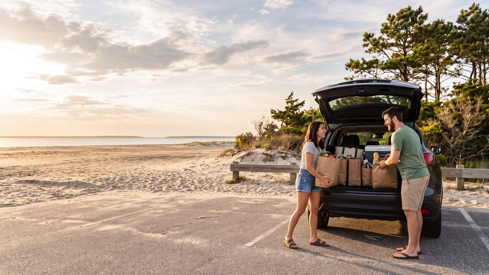 A couple loading grocery bags into an SUV in a beach-town parking lot under pines