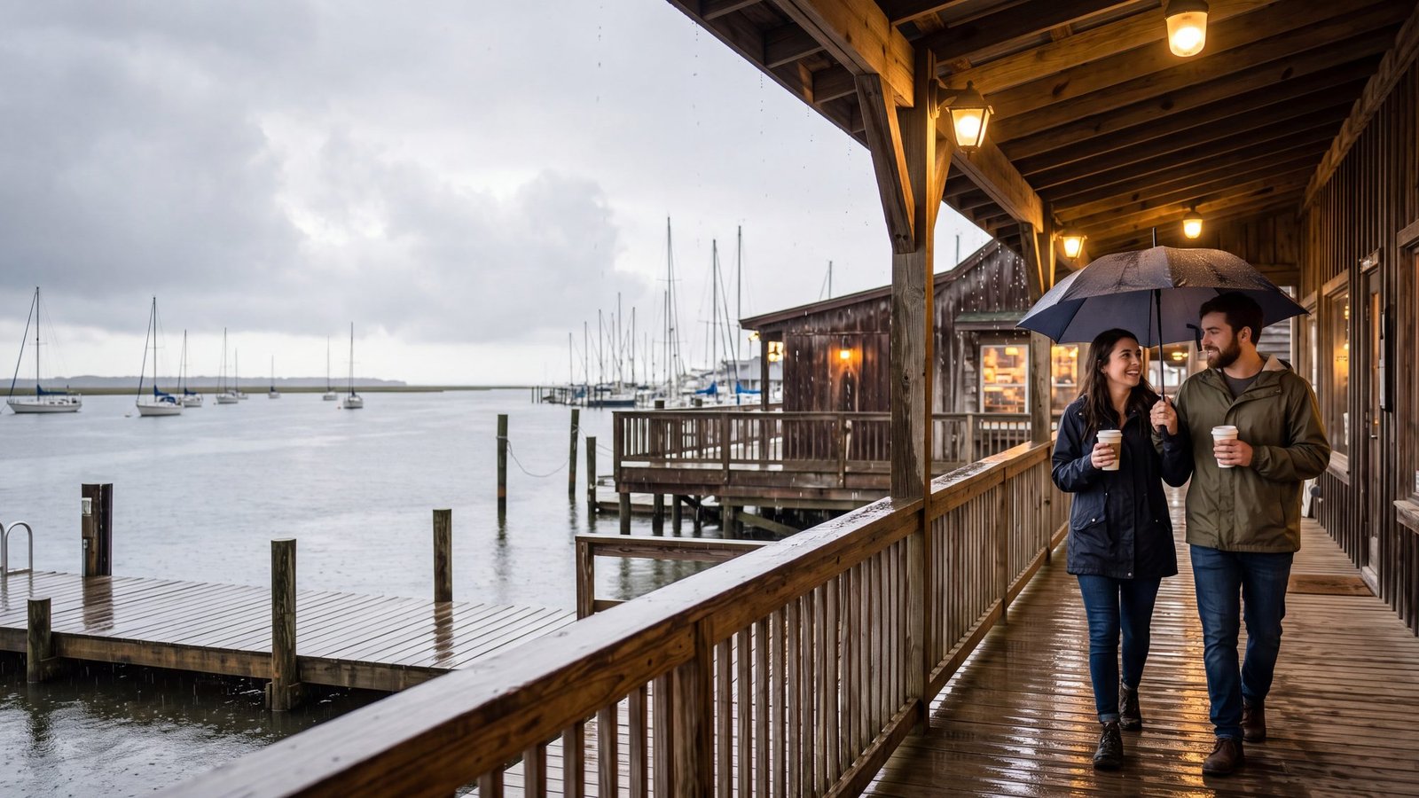 A couple sharing an umbrella with coffee on a covered waterfront sidewalk in the rain, sailboat masts beyond
