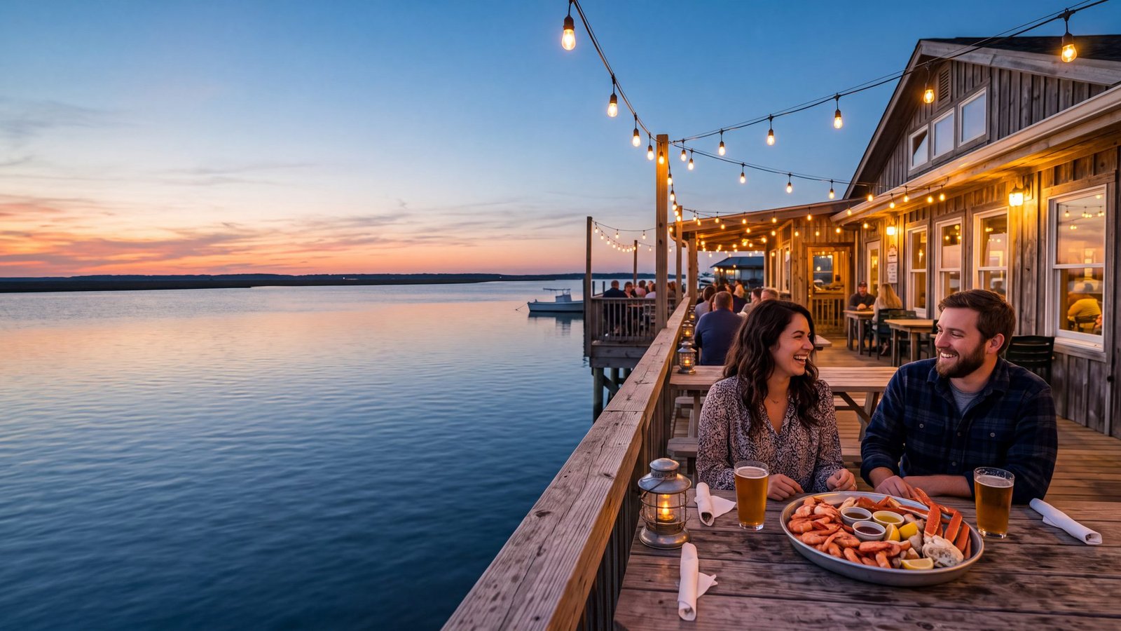 A couple at a waterfront restaurant deck table at dusk with a platter of steamed shrimp and crab
