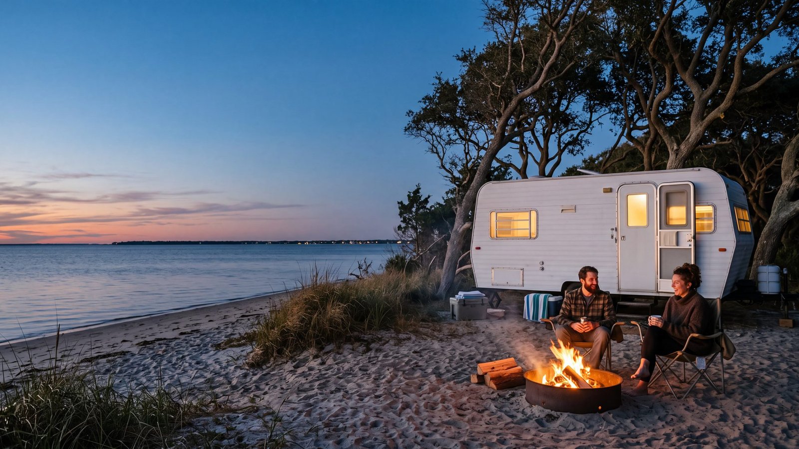 A couple in camp chairs by a campfire beside a white travel trailer under live oaks by the sound at dusk