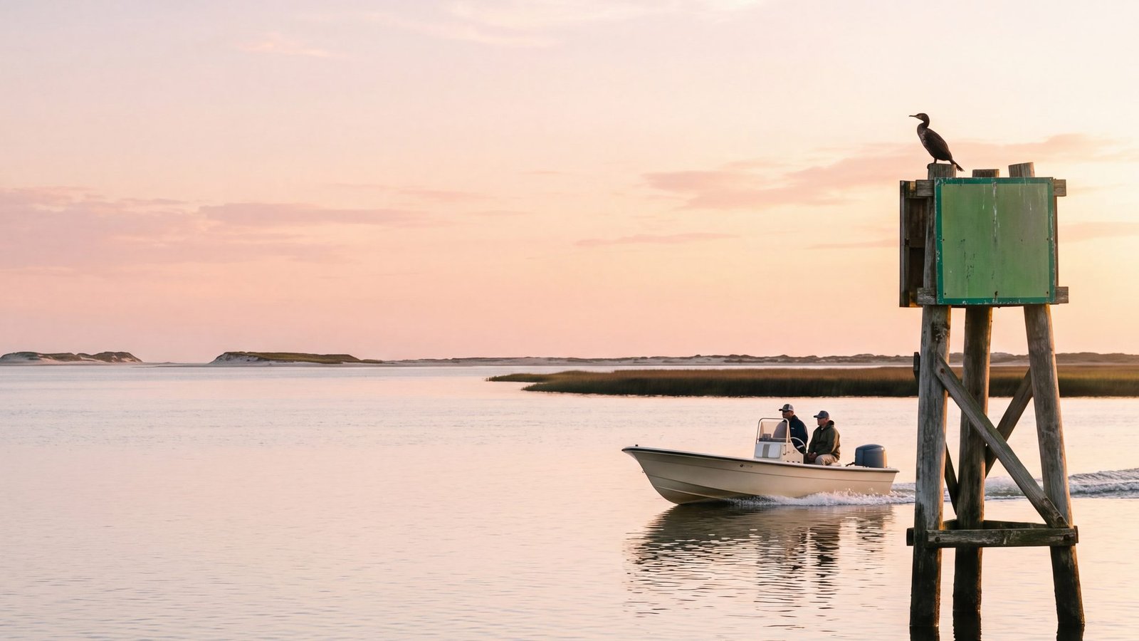 A small center-console skiff under way on calm Outer Banks sound water at dawn, passing a green square channel daymark on wooden pilings with a cormorant perched on top