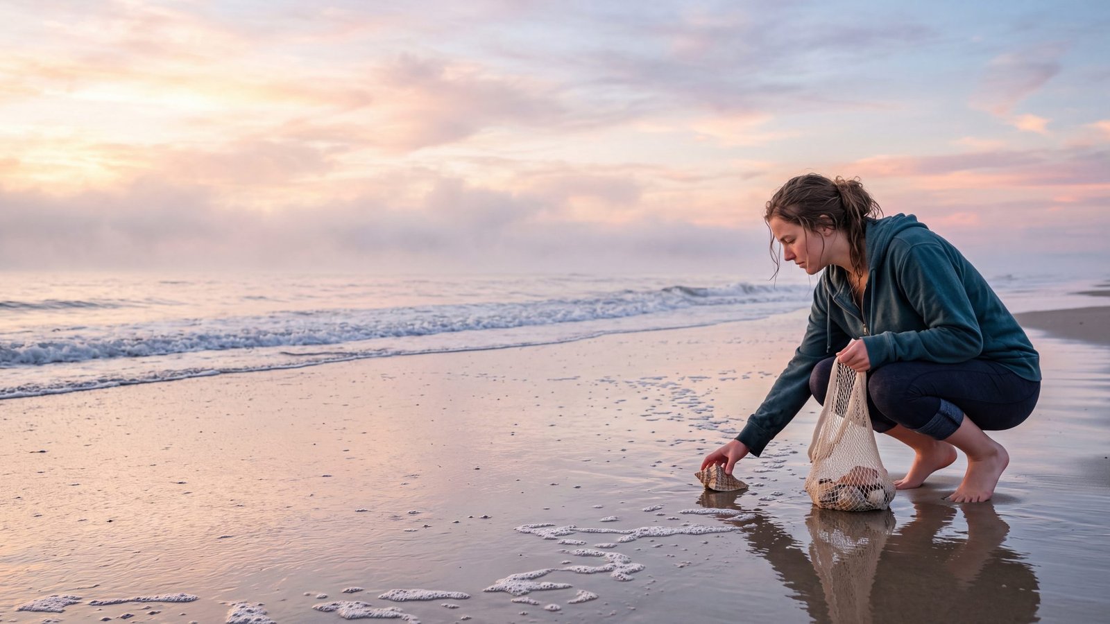 A woman crouched at the tide line at dawn picking up a whelk shell