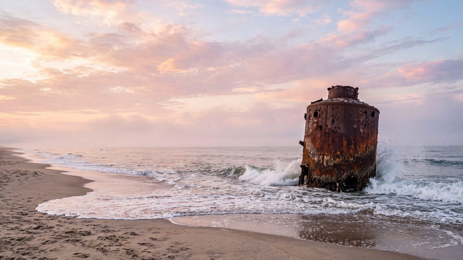 The rusted boiler of an old shipwreck standing in the surf just off the beach