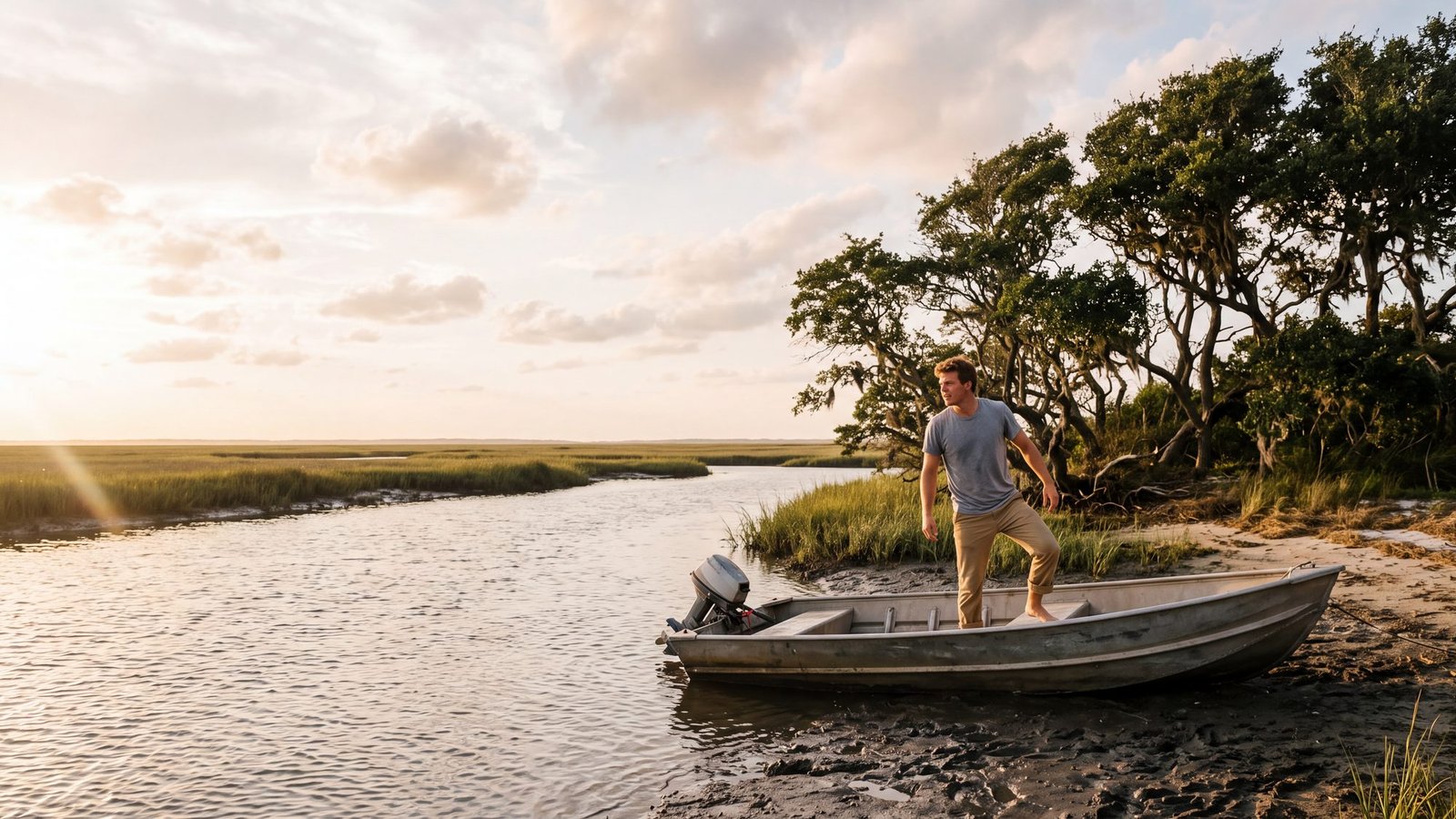 A man standing in a small skiff pulled up in a tidal cut through Outer Banks salt marsh at golden hour