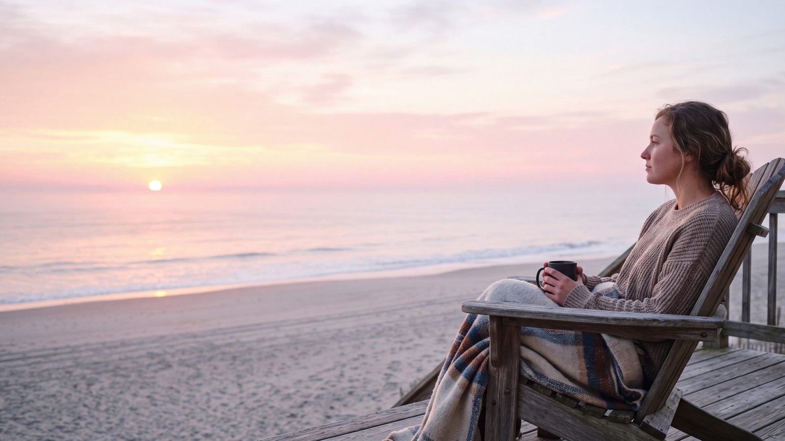 A woman wrapped in a blanket in an Adirondack chair on a beach-house deck as the sun rises over the ocean