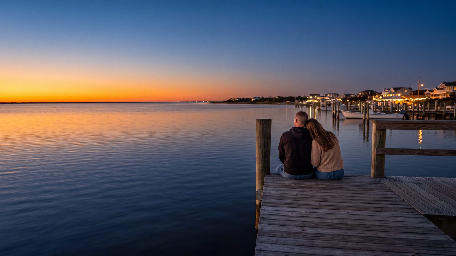 A couple sitting at the end of a soundside dock with the sun setting over flat water