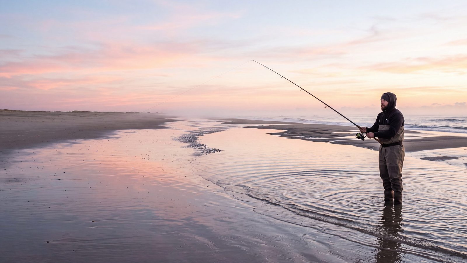 A surf angler standing in shallow water at low tide with sandbars and a tidal pool behind him at dawn