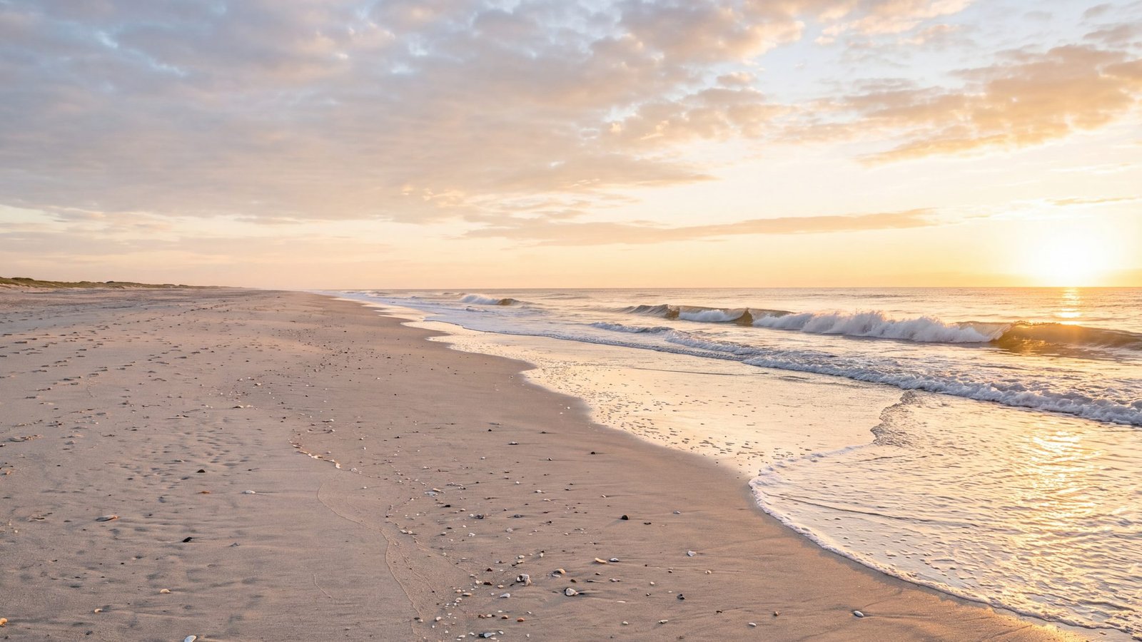 Sunrise over an empty Outer Banks beach, small waves breaking over the outer bar and the wash running up firm pale sand