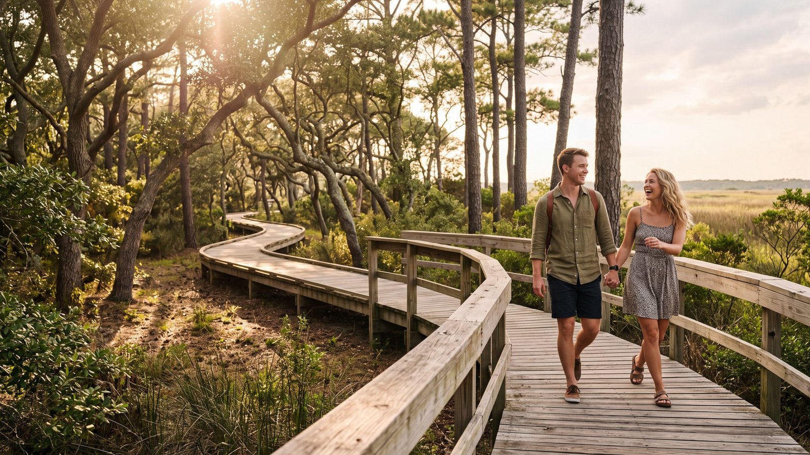 A couple walking a raised wooden boardwalk through a maritime forest of live oaks and pines