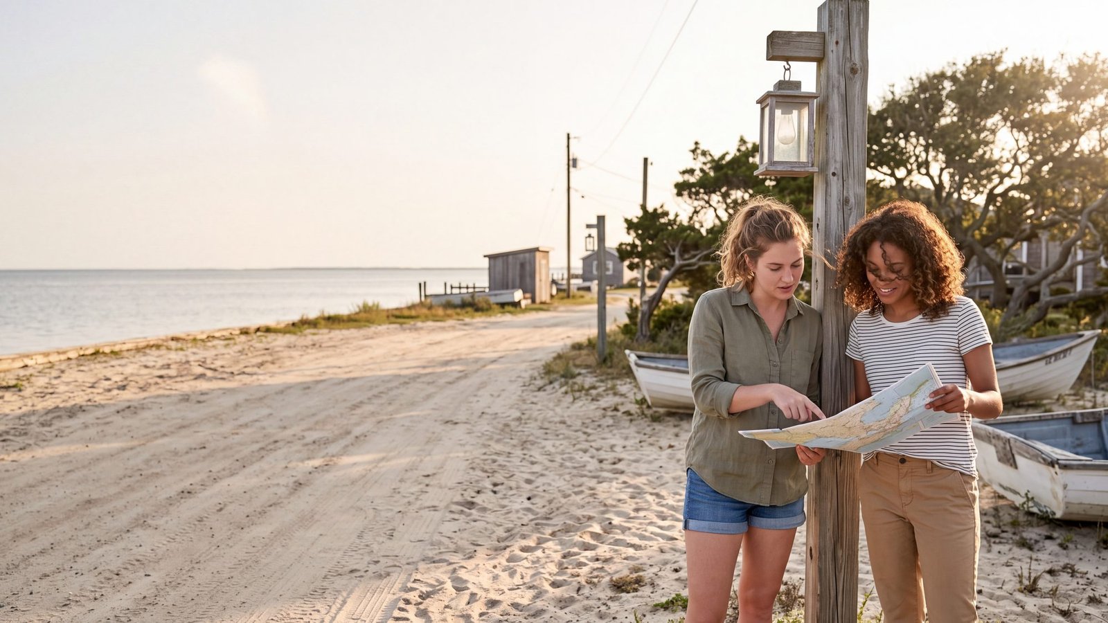 Two women reading a folded paper map beside a wooden post on a sandy village lane under live oaks