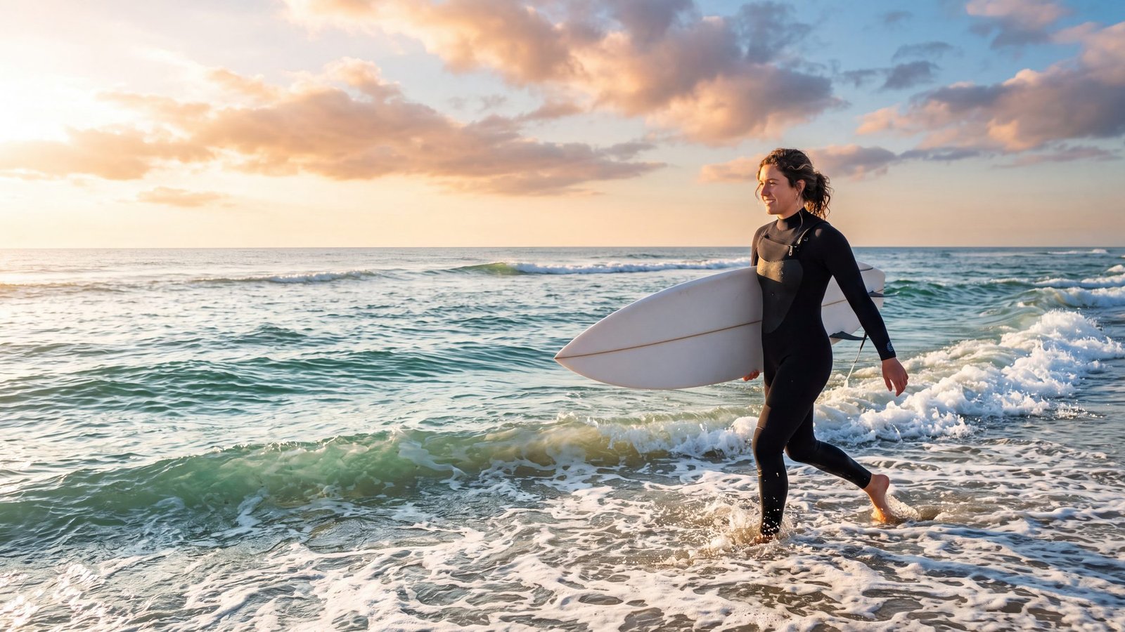 A woman in a wetsuit wading into clear green surf with a surfboard under her arm