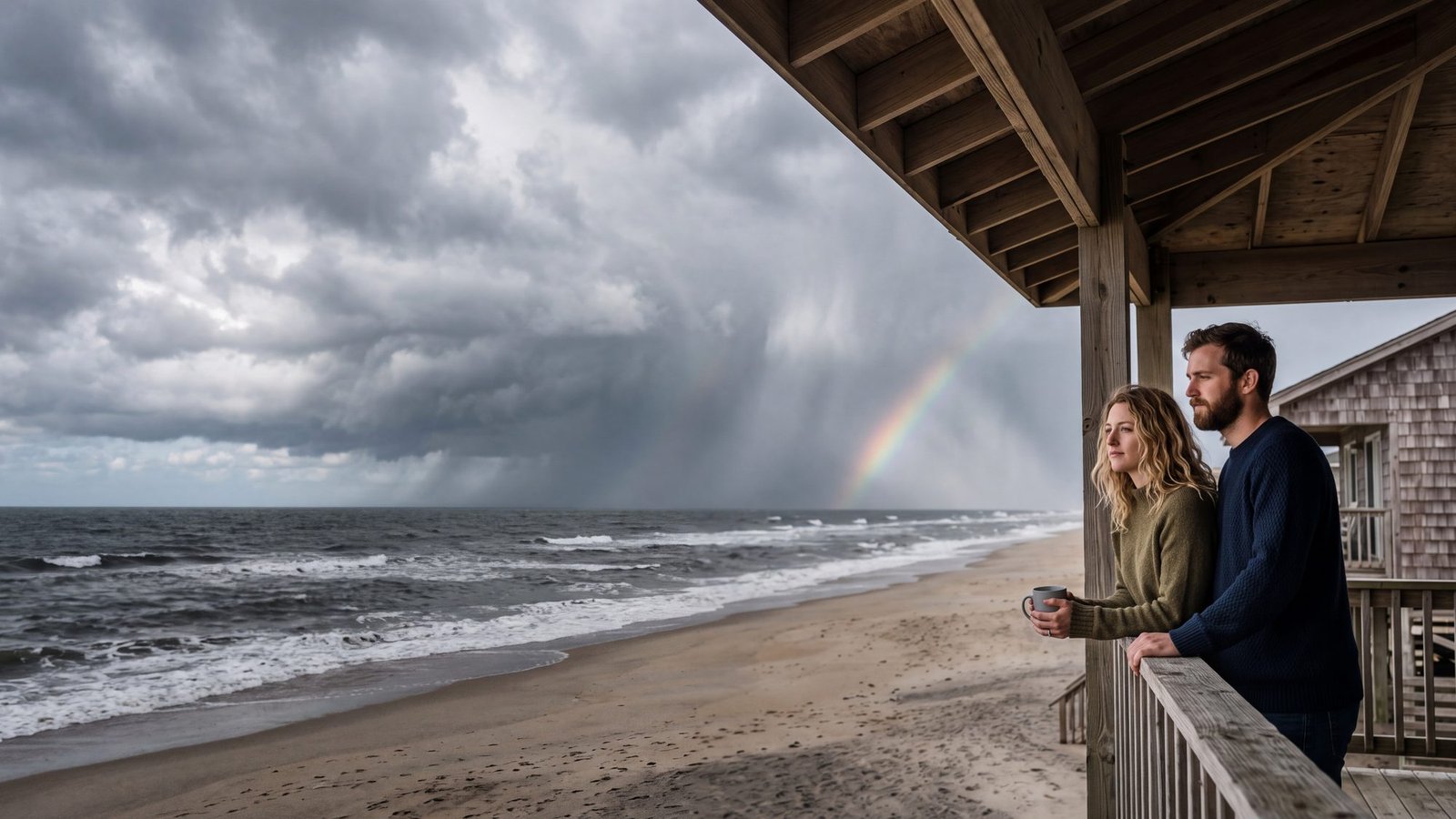 A couple on a covered oceanfront porch watching a squall and a rainbow over the ocean
