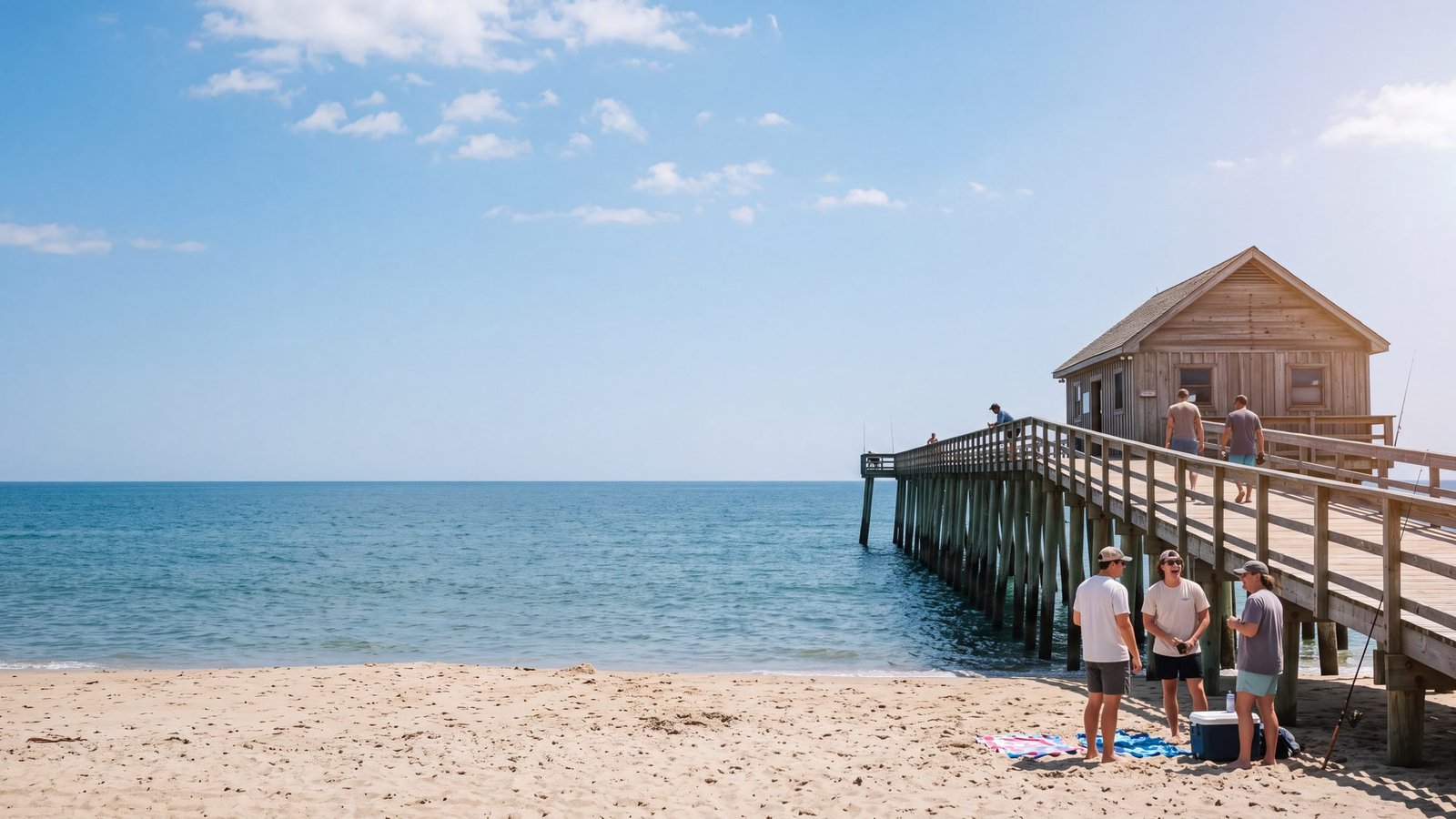 A wooden fishing pier and pier house stretching into a blue ocean seen from the beach