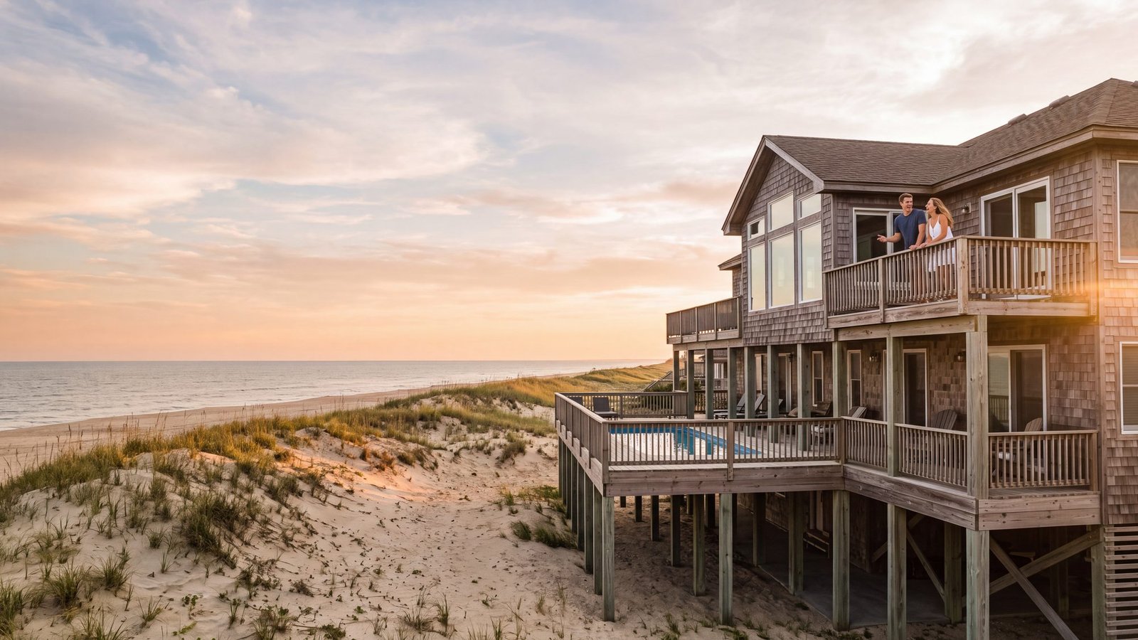 A cedar-shingled oceanfront beach house on tall pilings with a couple on the top deck at golden hour