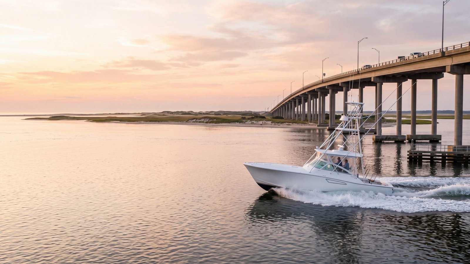 A sportfishing boat with a tuna tower running out through Oregon Inlet at first light beneath the tall bridge