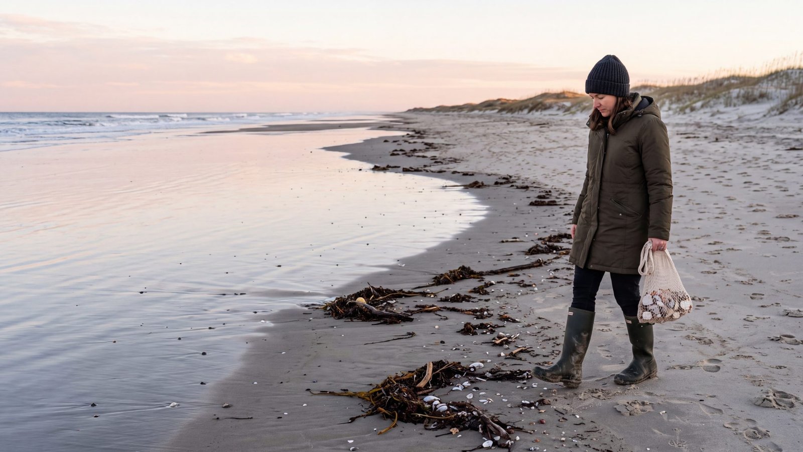 A woman in a winter coat and knitted hat walks the exposed wrack line of an empty Outer Banks beach at first light, low tide, a mesh bag of shells in one hand