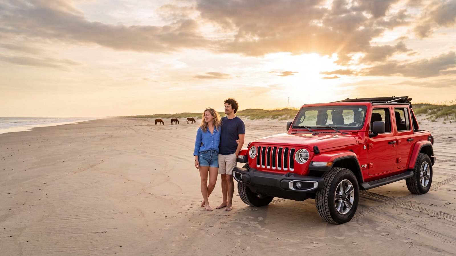 A couple beside a red four-door Jeep Wrangler parked on the Carova beach, wild horses far off on the dune line