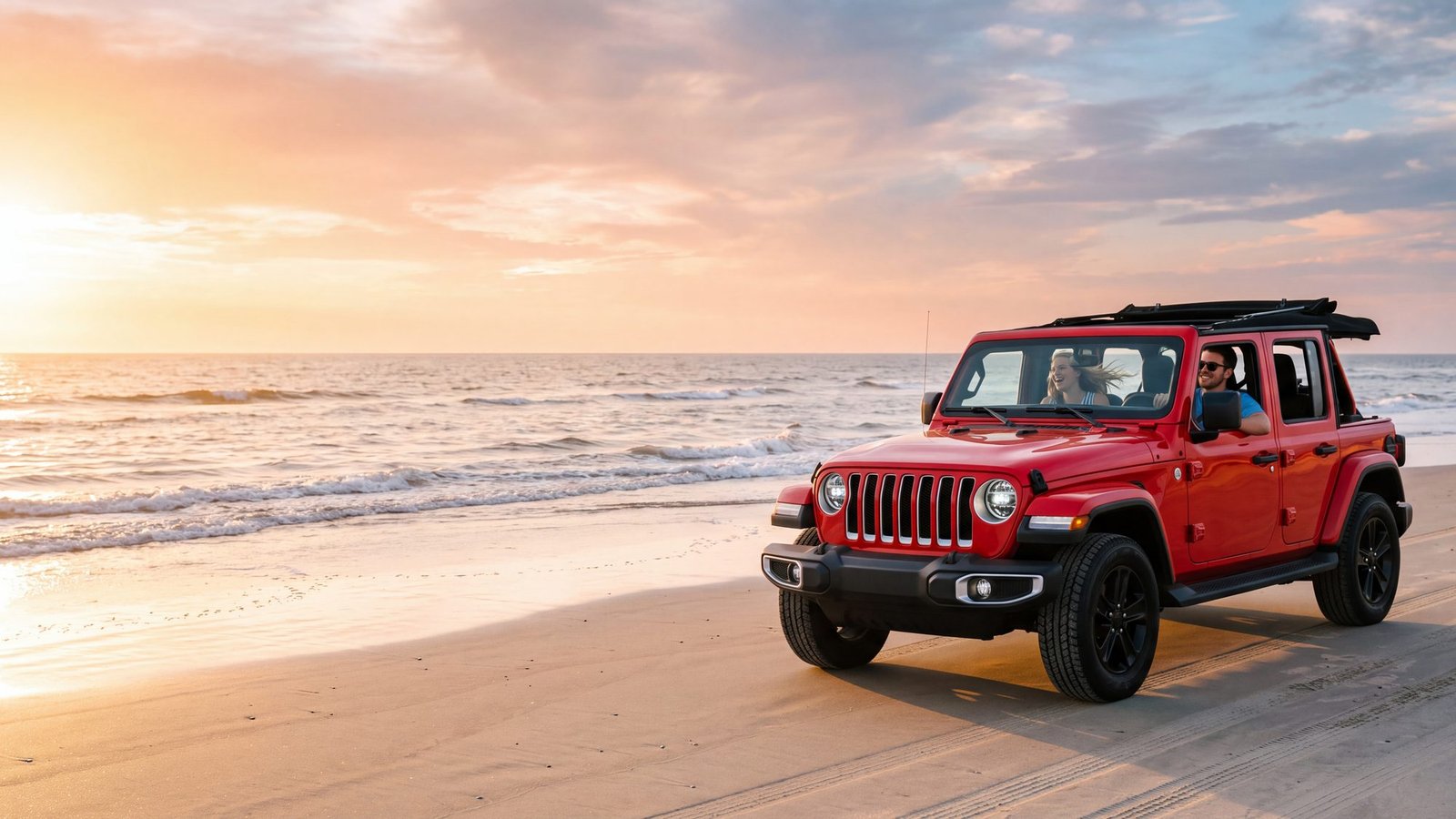 A red four-door Jeep Wrangler driving along the tide line with a couple inside