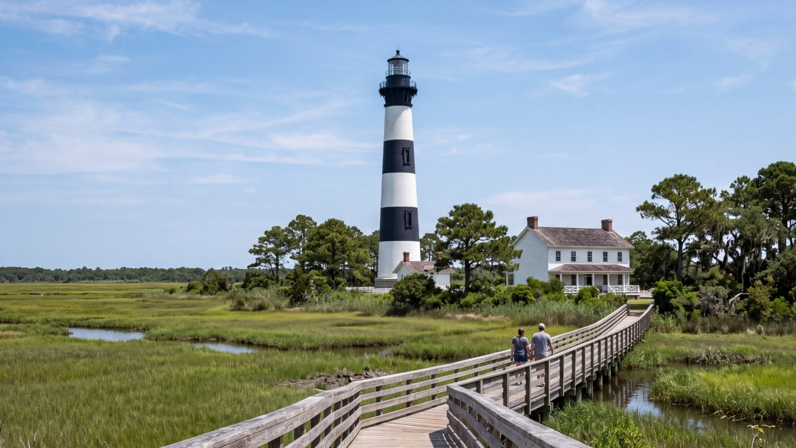 A black-and-white banded lighthouse and white keepers house beyond a marsh boardwalk