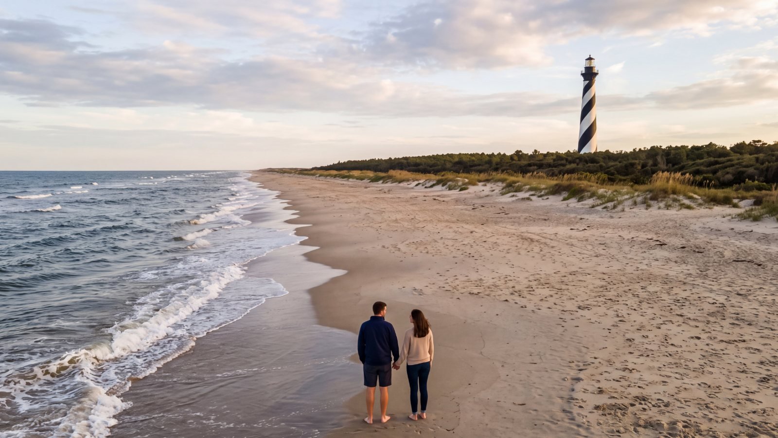 A couple on an empty beach looking inland toward a black-and-white spiral lighthouse standing well back behind the trees