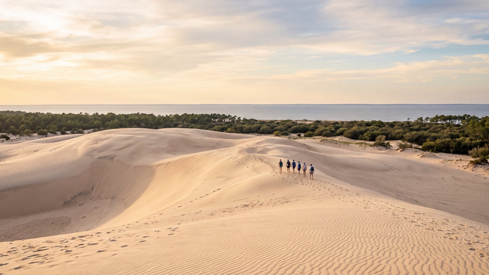People walking across the broad rolling slopes of a huge bare sand dune system