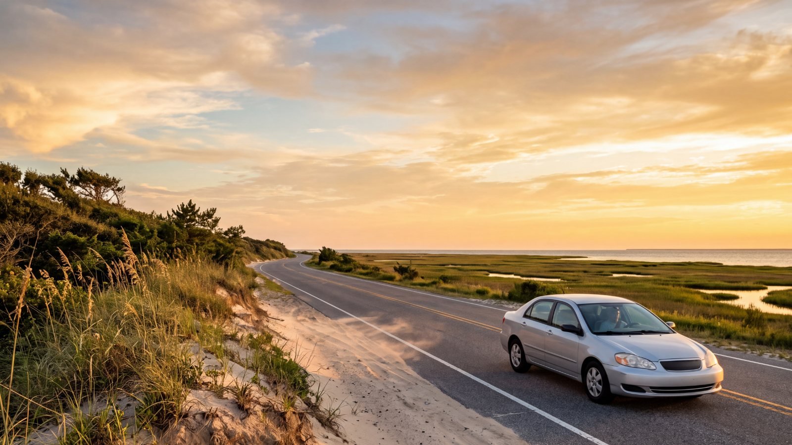 A silver car driving a two-lane highway between sand dunes and marsh on a narrow barrier island