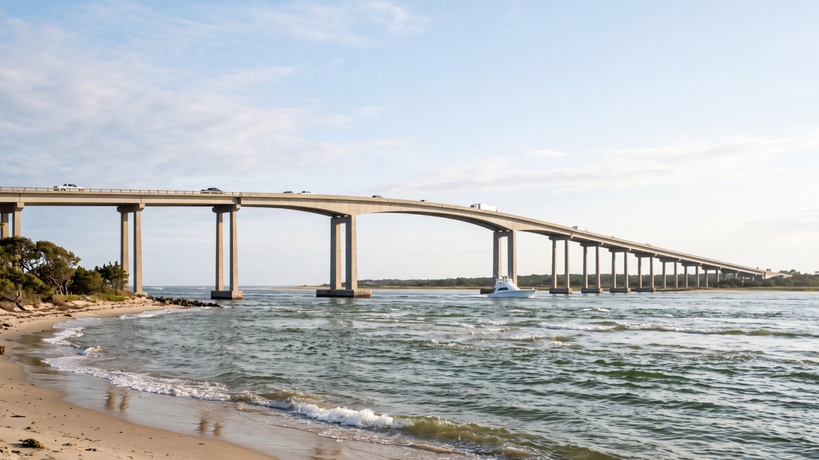 A long concrete bridge rising over a tidal inlet as a sportfishing boat runs out beneath it