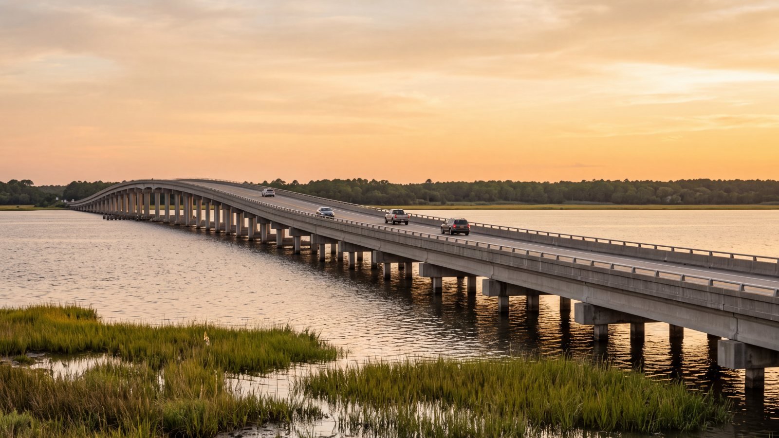A long low bridge curving across a calm sound, seen from the marsh