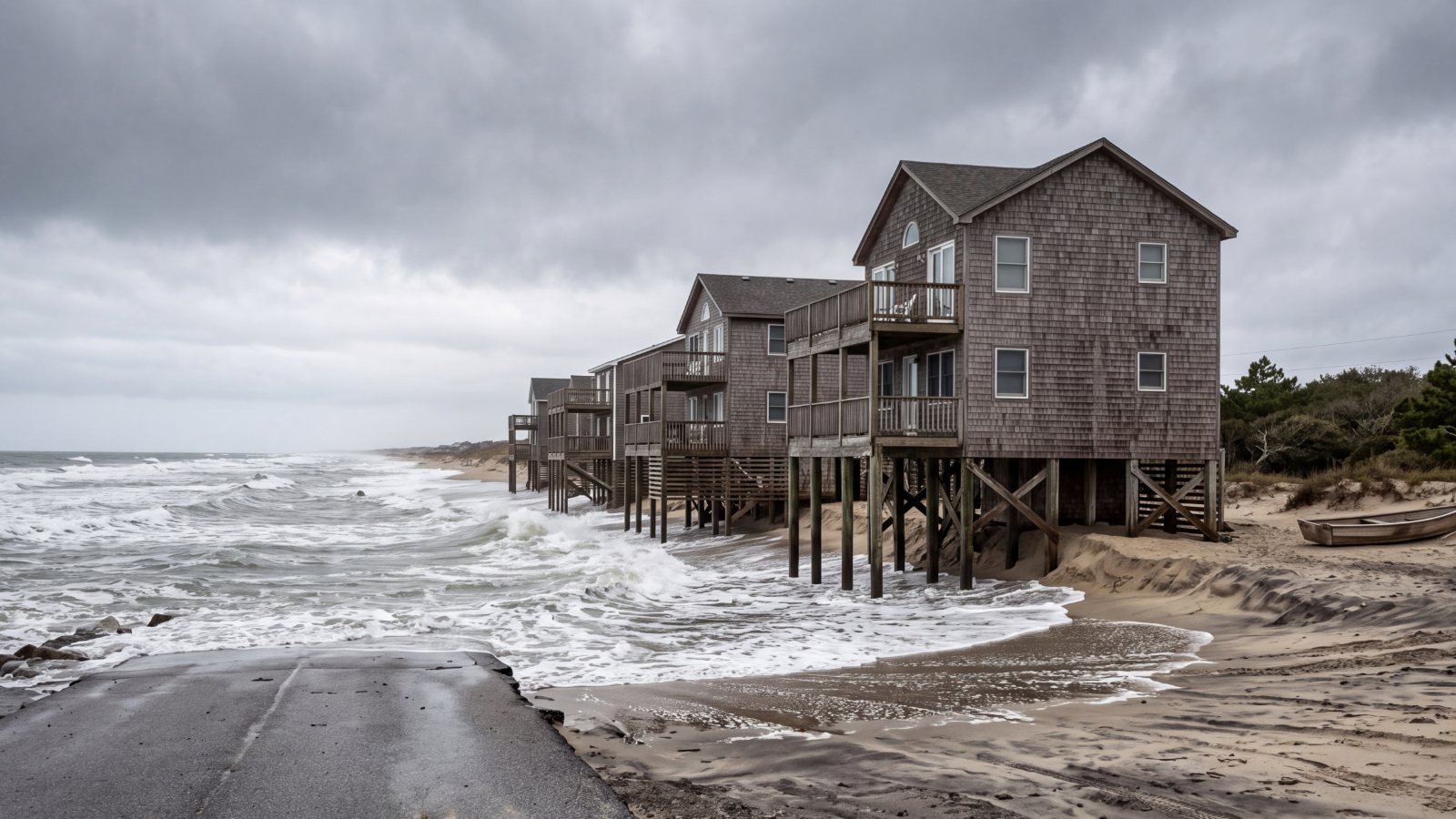 A beach street ending at the sand as surf washes under weathered beach houses on pilings