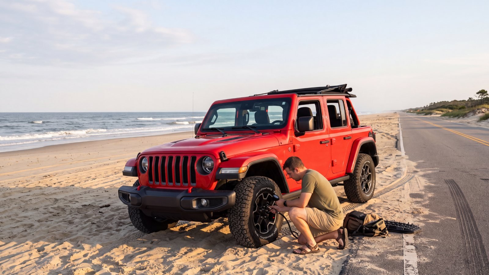 A man checking tire pressure beside a red Jeep Wrangler on the sand at the edge of the pavement