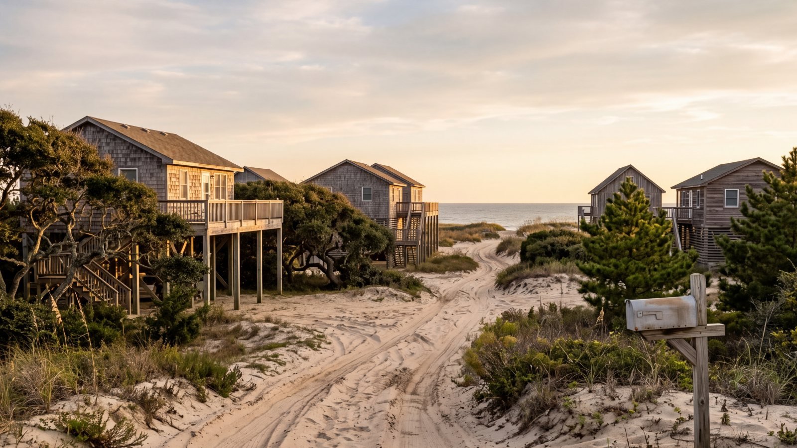 Beach houses on pilings among dunes and scrub, connected only by sand tracks